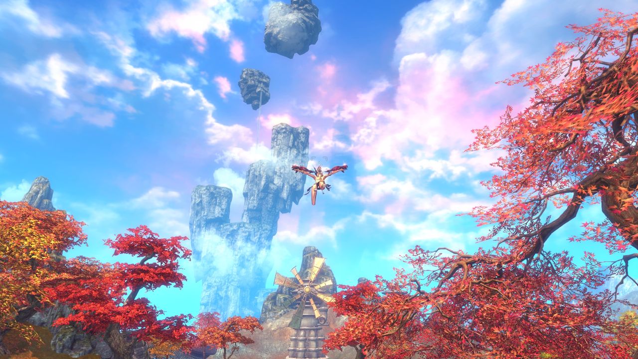 イカロスオンラインのフェローシステムでドラゴンに騎乗して空を飛ぶ場面