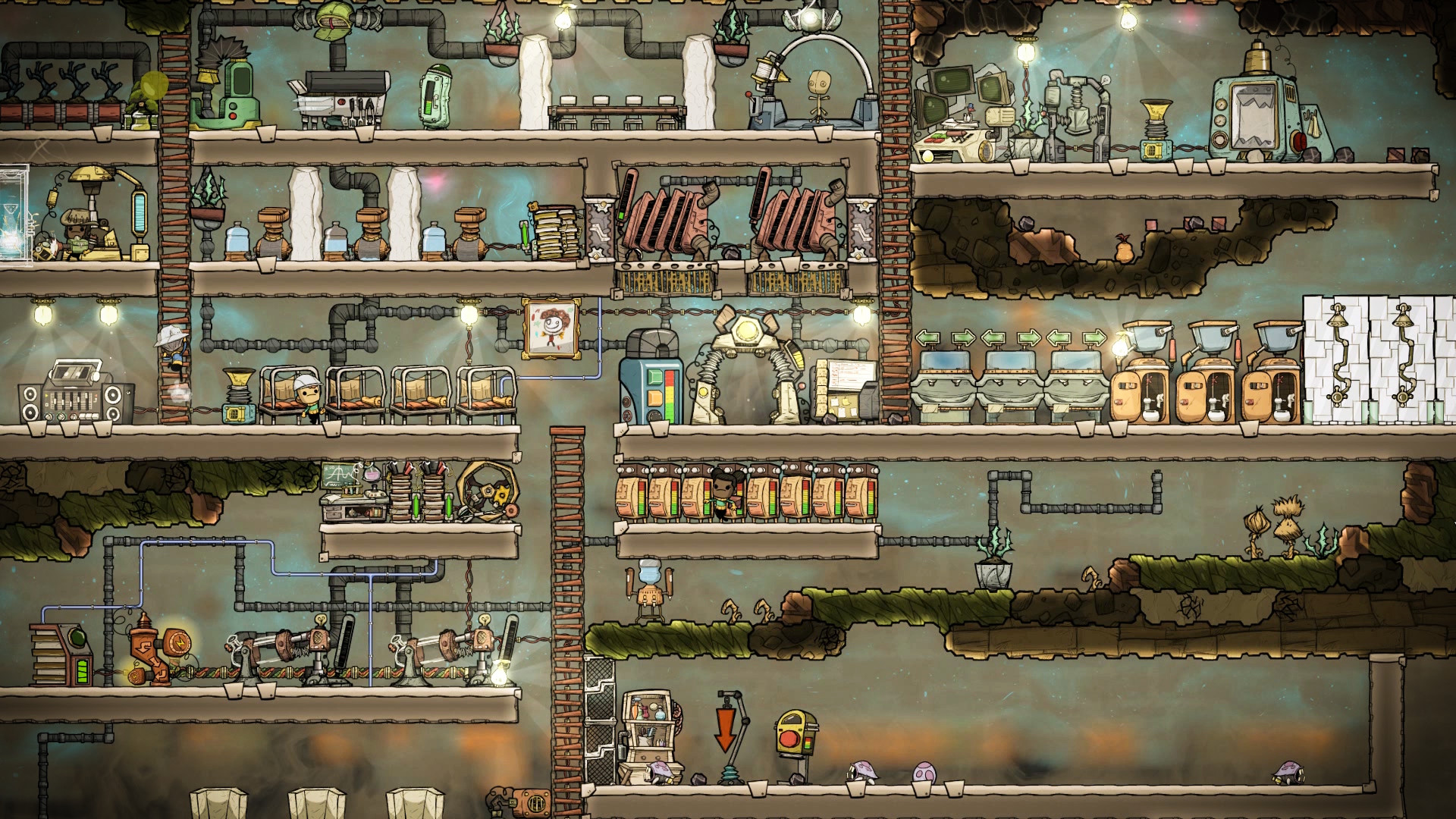 Oxygen Not Included コロニー全体の俯瞰 — 小惑星内部に広がるデュプリカントたちの基地
