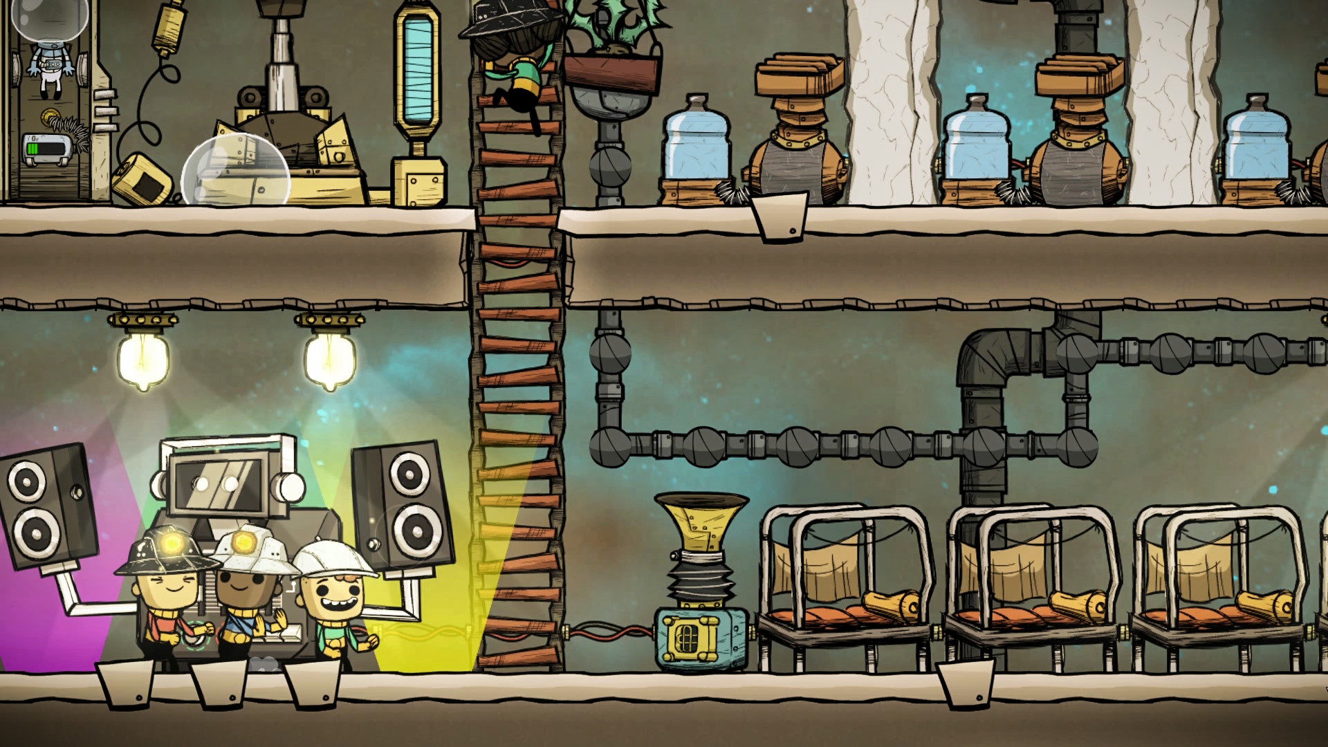 Oxygen Not Included 温度オーバーレイ — 基地内の熱分布を色分けで可視化した画面