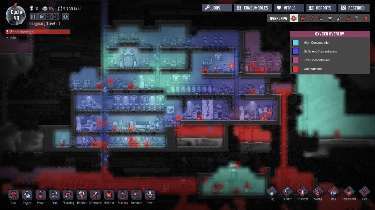Oxygen Not Included 配管・電力回路の設計画面 — 複雑に絡み合うパイプと電線