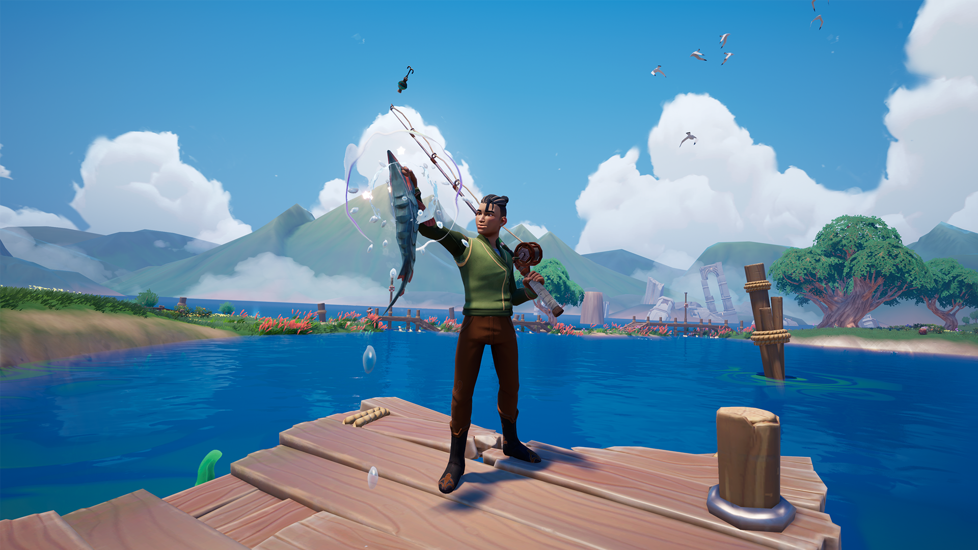 Paliaの釣りシーン——川で釣りをするキャラクター