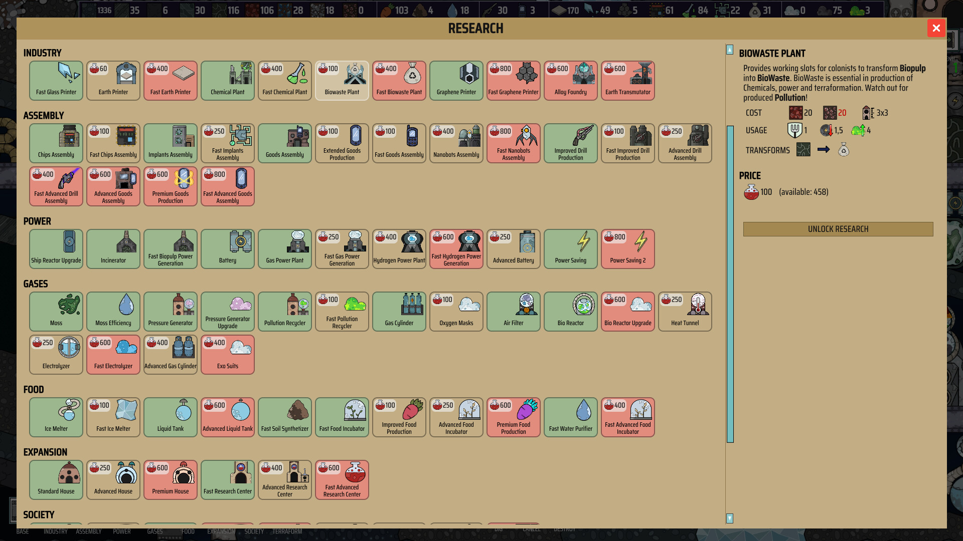 ExoColony: Planet Survival 研究ツリーと建設