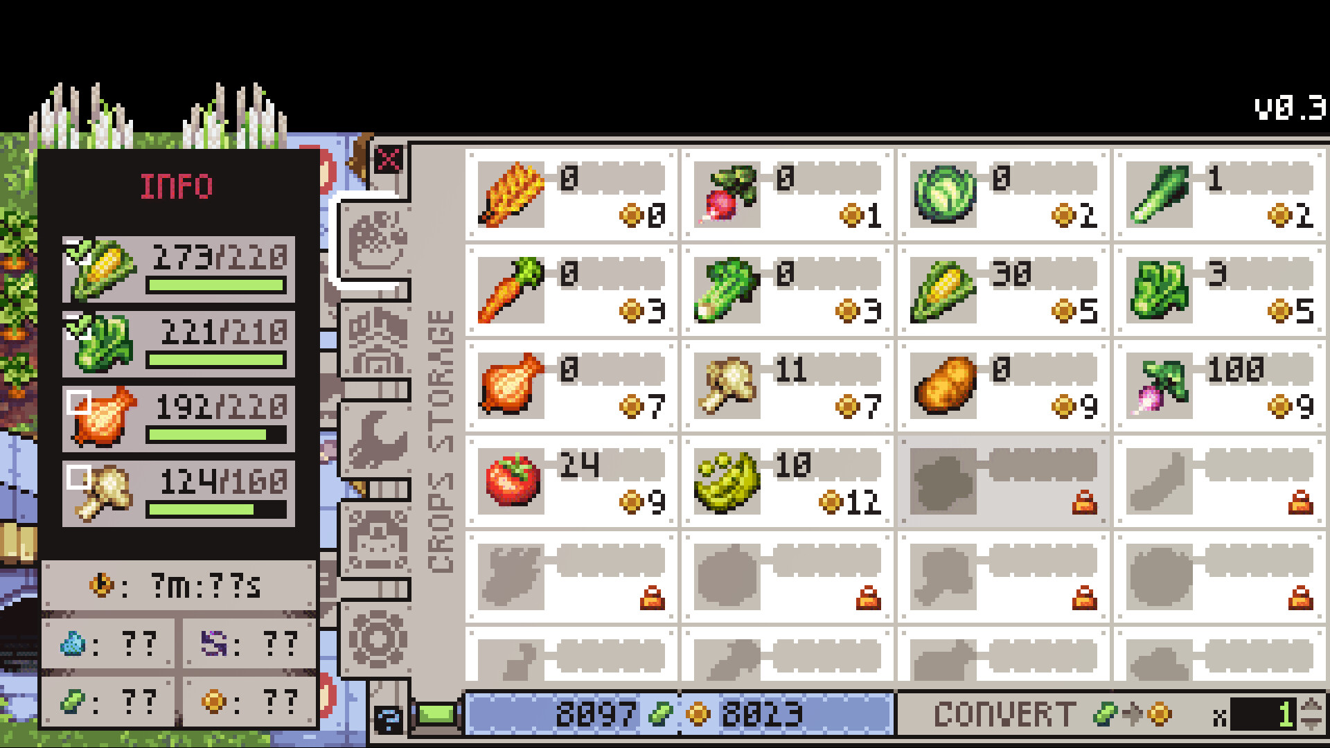 Rusty's Retirement ロボットのアップグレード画面と農場管理パネル